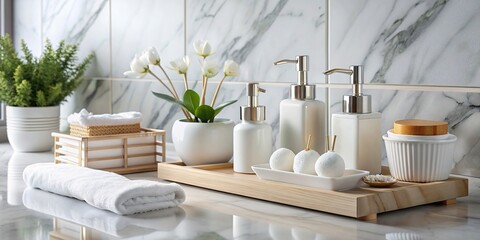 Luxurious toiletries set on white marble tabletop in white bathroom, luxury, toiletries, set, white, marble, tabletop, bathroom, elegant, spa, clean, minimalist, high-end, relaxation