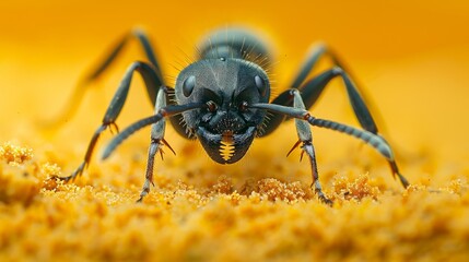Realistic close-up of a black ant on sandy surface against plain yellow background, Created with Generative AI. - Powered by Adobe
