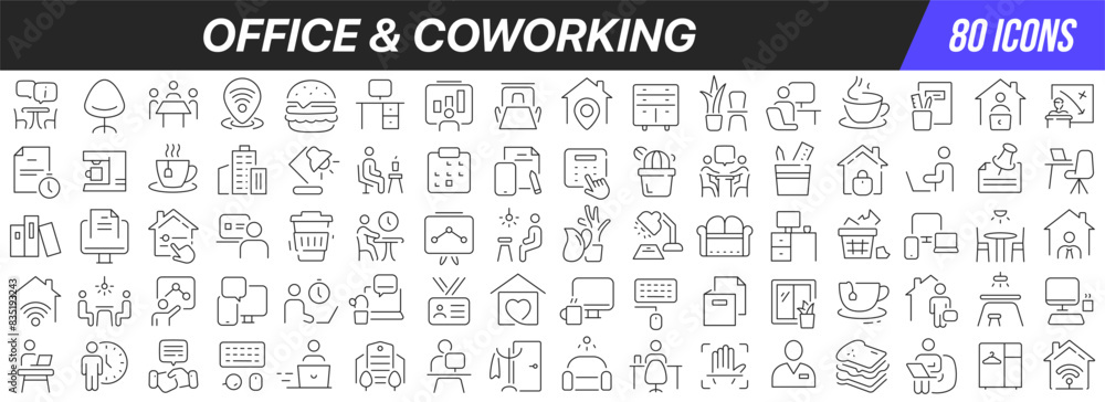 Aufkleber office and coworking line icons collection. big ui icon set in a flat design. thin outline icons pac