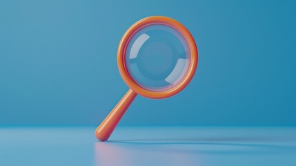 Orange magnifying glass on blue background. Minimalistic design and vibrant colors. Concept of search, discovery, and examination. 3D Illustration.