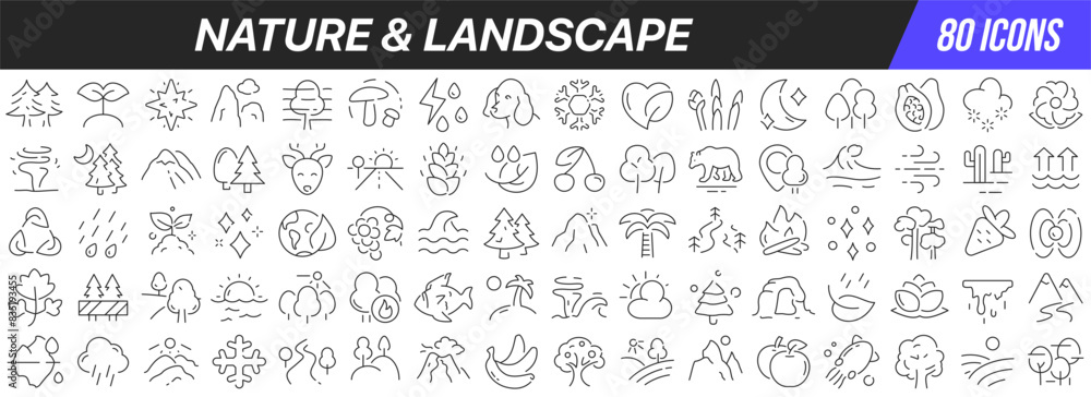 Poster nature and landscape line icons collection. big ui icon set in a flat design. thin outline icons pac