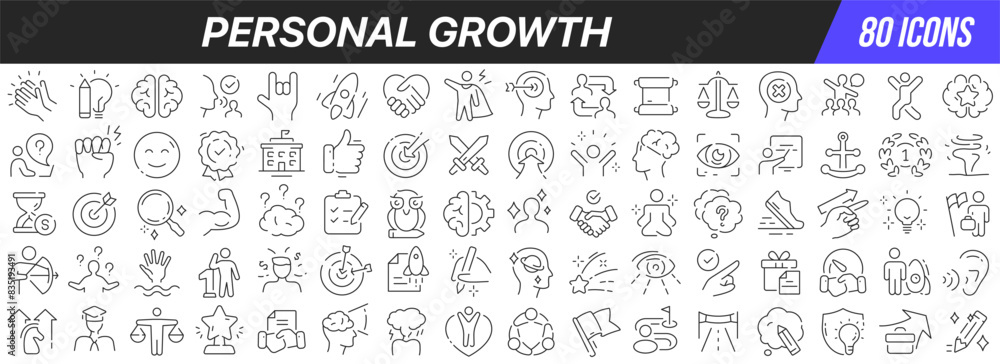 Poster personal growth line icons collection. big ui icon set in a flat design. thin outline icons pack. ve
