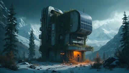 Game art showing cyber technical layout of buildings constituting a research station on a very frosty planet, in the background you can see even apocalyptic mountains, which are covered by frozen snow