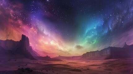 Obraz premium Southern Lights over a desert landscape, with the stark contrast of colorful lights against the barren, sandy ground.