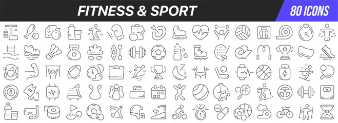 Fitness and sport line icons collection. Big UI icon set in a flat design. Thin outline icons pack. Vector illustration EPS10