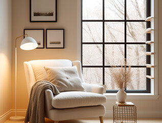 Obraz premium A minimalist reading nook by the window, a soft beige armchair, books and soft light. An atmosphere for evening reading
