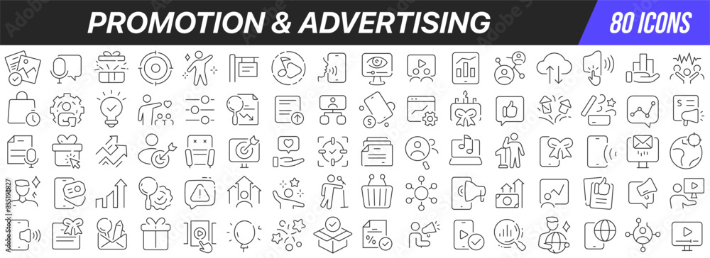 Aufkleber Promotion and advertising line icons collection. Big UI icon set in a flat design. Thin outline icons pack. Vector illustration EPS10