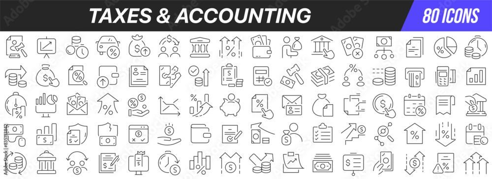 Poster taxes and accounting line icons collection. big ui icon set in a flat design. thin outline icons pac