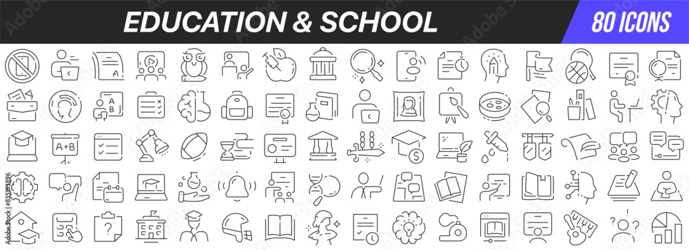 Poster Education and school line icons collection. Big UI icon set in a flat design. Thin outline icons pack. Vector illustration EPS10
