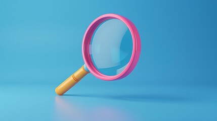 Pink magnifying glass on a blue background, symbolizing search, inquiry, exploration, and attention to detail. Ideal for educational themes. 3D Illustration.