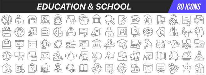 Education and school line icons collection. Big UI icon set in a flat design. Thin outline icons pack. Vector illustration EPS10