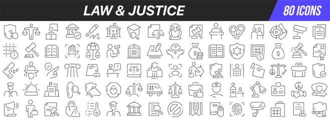 Law and justice line icons collection. Big UI icon set in a flat design. Thin outline icons pack. Vector illustration EPS10