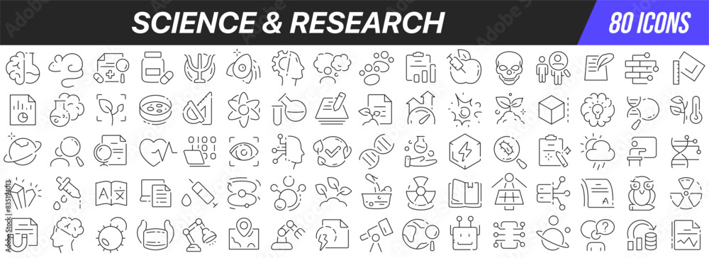 Poster science and research line icons collection. big ui icon set in a flat design. thin outline icons pac