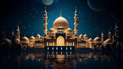 The beautiful serene mosque at night in the blessed month of ramadan the illuminated, Copy space, generative ai