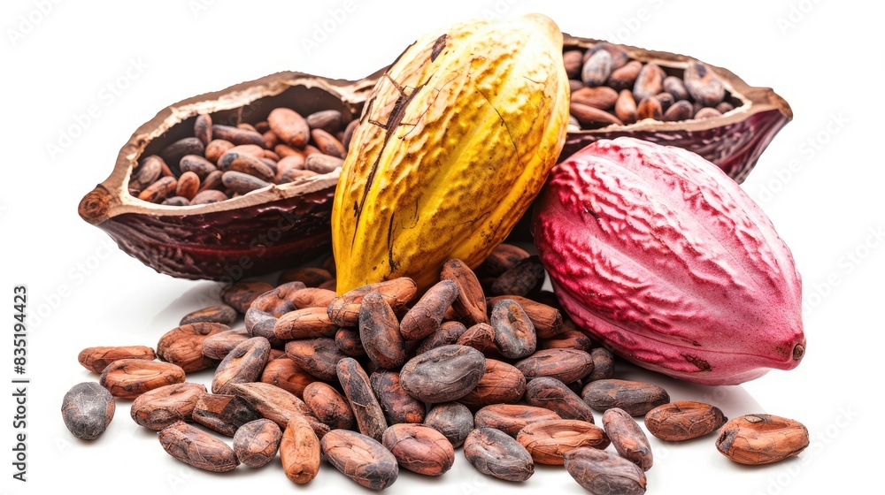Poster cocoa beans and cocoa pod on white background