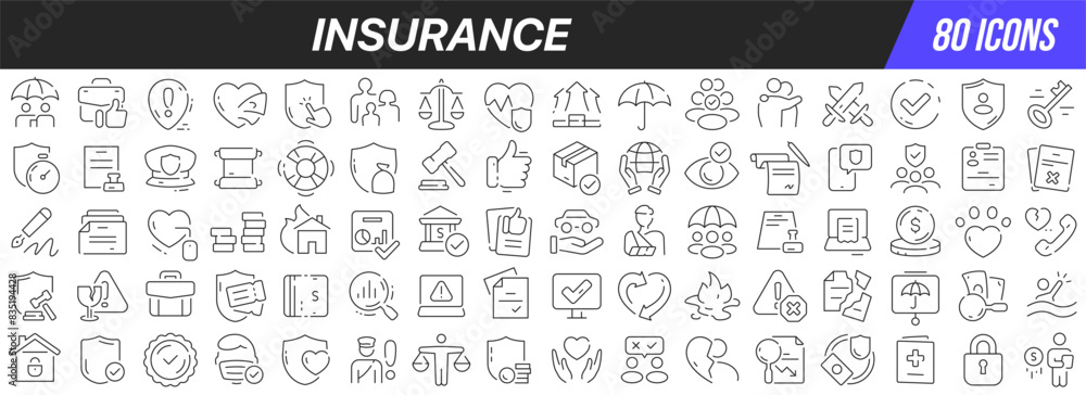 Poster Insurance line icons collection. Big UI icon set in a flat design. Thin outline icons pack. Vector illustration EPS10