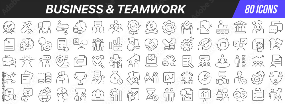 Aufkleber business and teamwork line icons collection. big ui icon set in a flat design. thin outline icons pa