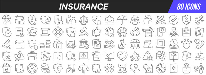 Insurance line icons collection. Big UI icon set in a flat design. Thin outline icons pack. Vector illustration EPS10