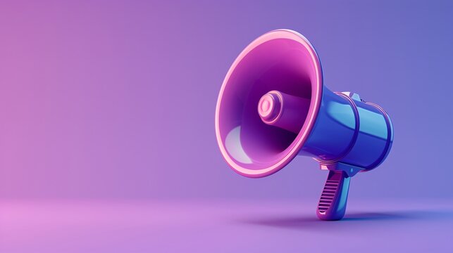 Purple megaphone on gradient background symbolizing announcement, communication, and promotion in a modern and dynamic context. 3D Illustration.