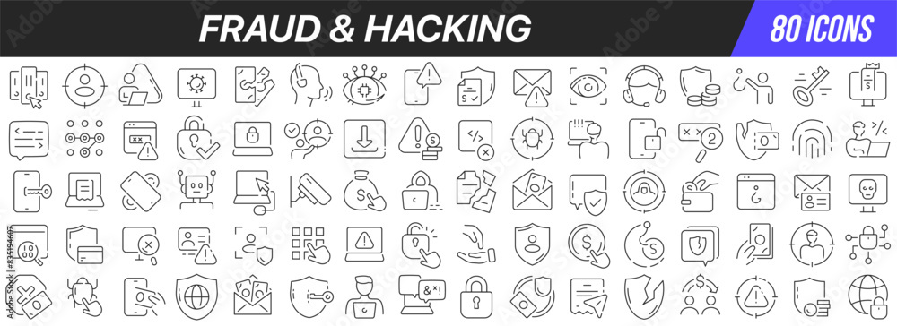 Poster Fraud and hacking line icons collection. Big UI icon set in a flat design. Thin outline icons pack. Vector illustration EPS10