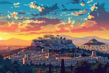 Sunset landscape of Athens, Greece - Parthenon