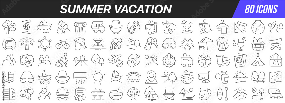 Poster summer vacation line icons collection. big ui icon set in a flat design. thin outline icons pack. ve