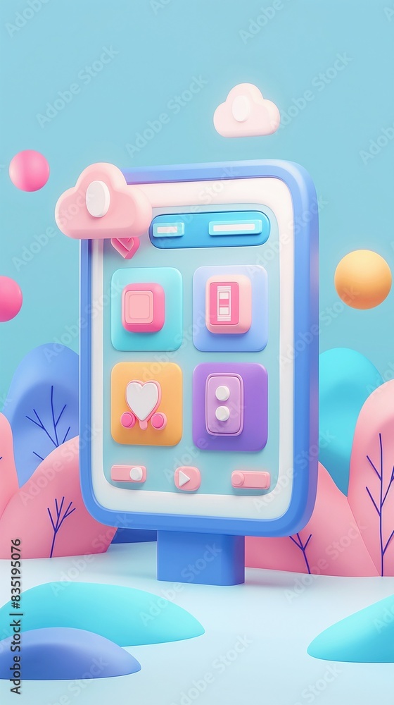 Aufkleber vertical image of a 3d illustration of a mobile phone and a keyboard on a colorful table.