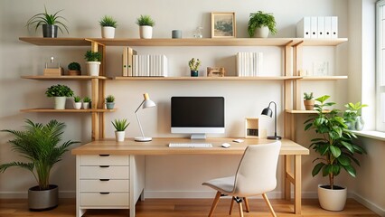 Close up of a minimalist, clean and tidy workspace with organized desk and shelves against a soft background , minimalist, clean, tidy, workspace, organized, desk, shelves, office, interior