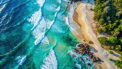 A top view of a tranquil beach with turquoise waves crashing, shot from a drone , beach, waves,...