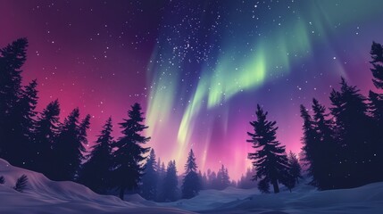 Fototapeta premium Stunning Northern Lights over a snowy landscape, with a silhouette of pine trees, creating a magical winter scene.