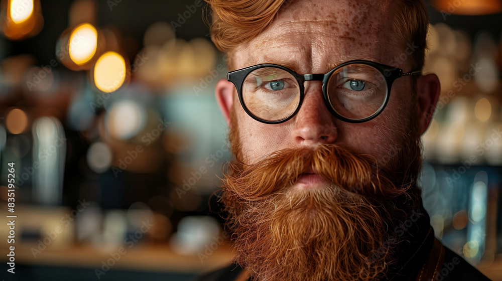 Poster a man with a beard and glasses is standing in front of a counter. he is wearing a hat and a black sh