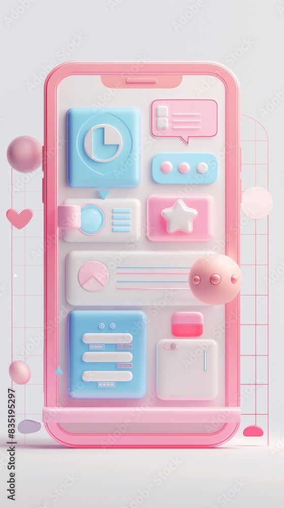 Aufkleber vertical image of a 3d illustration of a mobile phone and a keyboard on a colorful table.