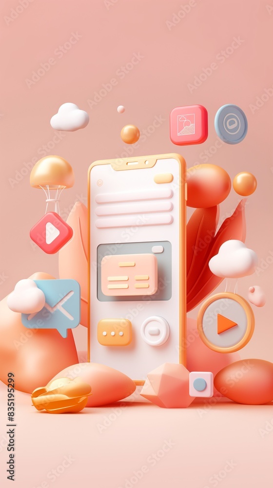 Aufkleber vertical image of a 3d illustration of a mobile phone and a keyboard on a colorful table.