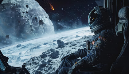 A man in a spacesuit is looking out the window of a spaceship