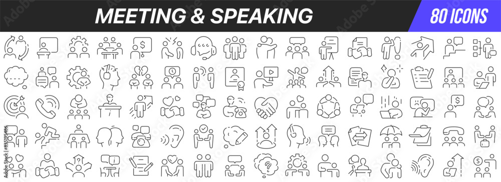 Poster Meeting and speaking line icons collection. Big UI icon set in a flat design. Thin outline icons pack. Vector illustration EPS10