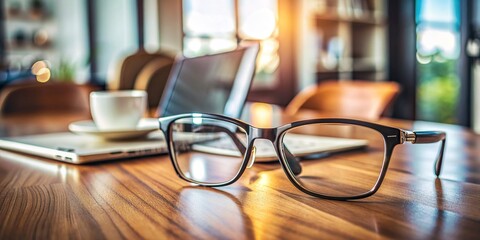 Close-up of a pair of glasses on a desk , eyewear, spectacles, business, professional, office, accessory, fashion, close-up, serious, funny, businessman, smiling, happy, style, trendy, frames - Powered by Adobe