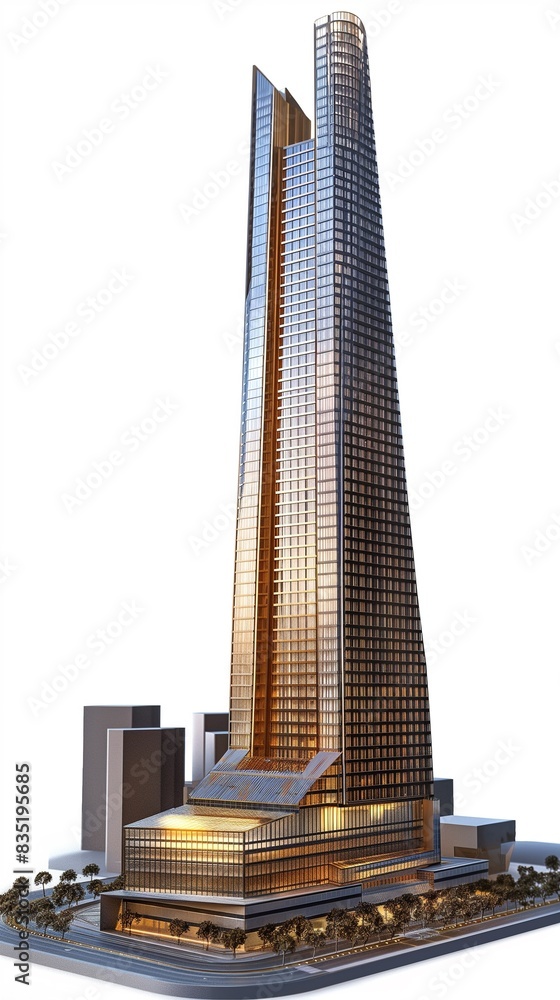 Poster vertical image of a miniature model of a skyscraper with a spiral design.