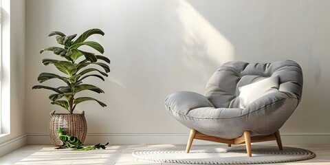 Stylish room with cozy armchair, cushion, and houseplant against white wall. Concept Home Decor, Stylish Interiors, Cozy Corners, Houseplants, Minimalist Aesthetics