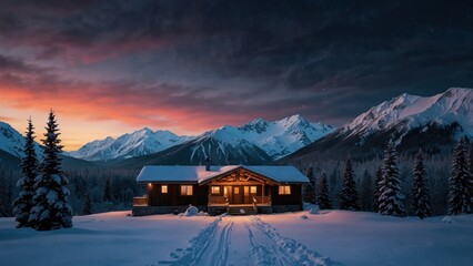 Landscape of wooden hotel in beautiful winter mountain valley