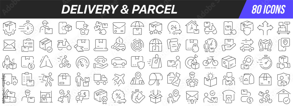 Poster delivery and parcel line icons collection. big ui icon set in a flat design. thin outline icons pack