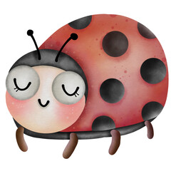 Watercolor ladybug, bright red wings, cheerful smile welcoming spring, hand drawn