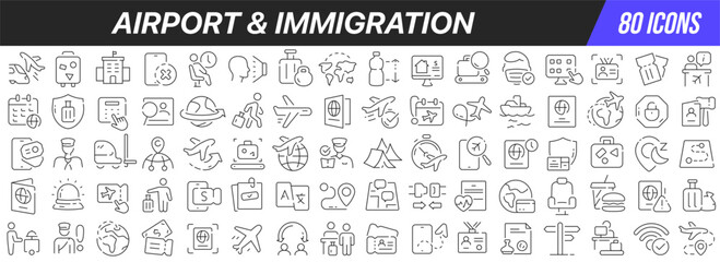 Airport and immigration line icons collection. Big UI icon set in a flat design. Thin outline icons pack. Vector illustration EPS10