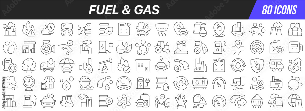 Poster fuel and gas line icons collection. big ui icon set in a flat design. thin outline icons pack. vecto