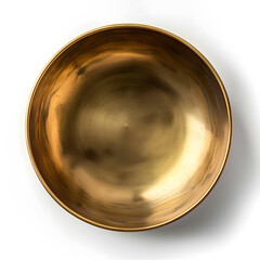 Golden brass bowl, top view, isolated on white background