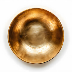 Golden brass bowl, top view, isolated on white background