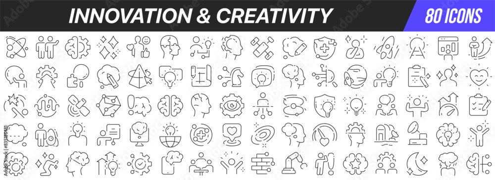 Poster innovation and creativity line icons collection. big ui icon set in a flat design. thin outline icon