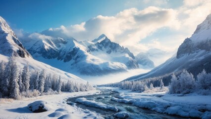 Obraz premium Wild river landscape flowing in frozen mountain valley, around beautifully snowy spruce trees