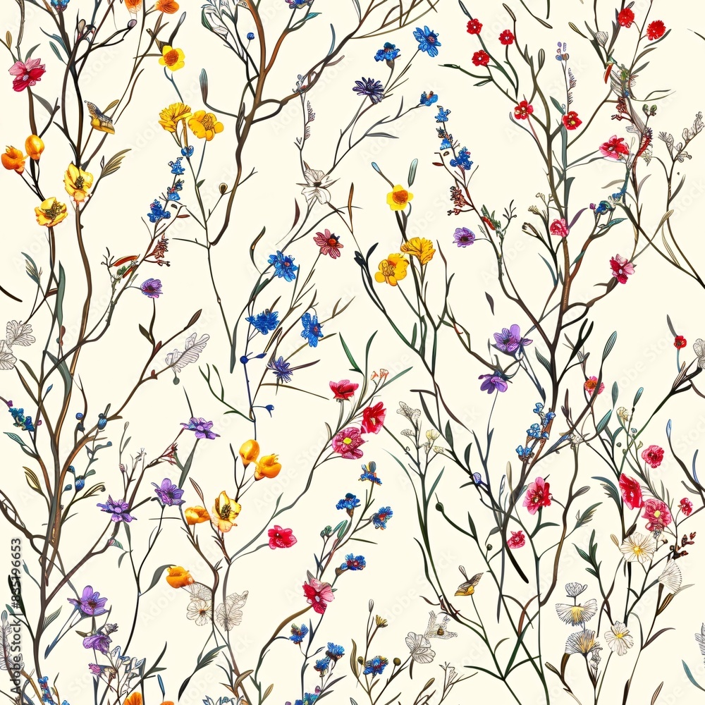 Poster a detailed botanical seamless pattern with vibrant flowers and fine twigs forming an elegant repetit