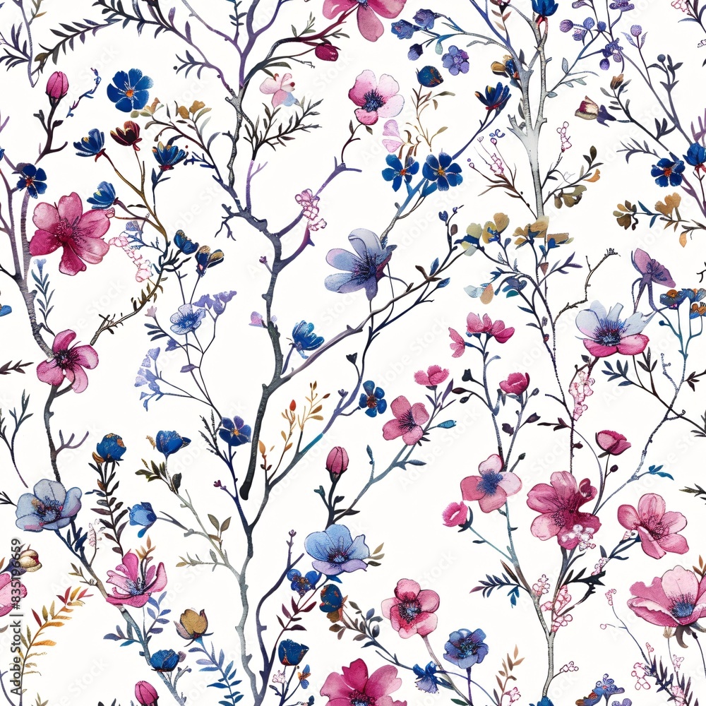Poster a detailed botanical seamless pattern with vibrant flowers and fine twigs forming an elegant repetit