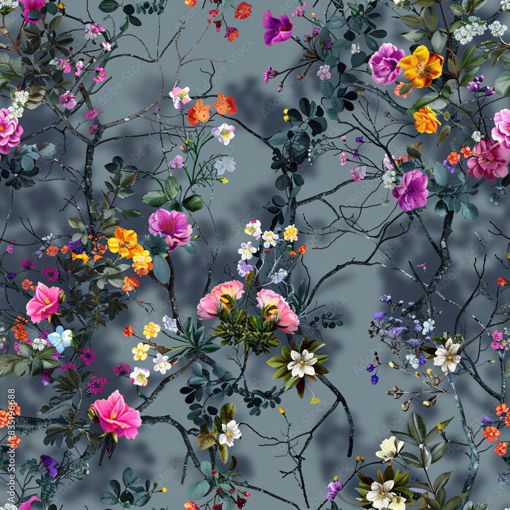 Aufkleber a seamless arrangement of blooming flowers and slender twigs, creating a continuous and intricate pa